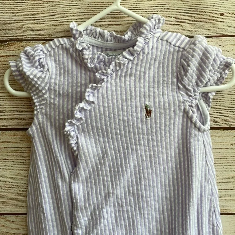 RALPH LAUREN SOFT KNIT ROMPER IN LAVENDER AND‎ WHITE STRIPES